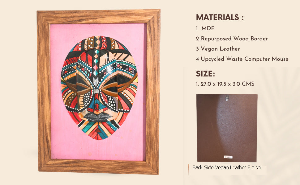 Indha Handpainted Tribal Face Wall Art | Upcycled Mouse &amp; MDF with Repurposed Wood Frame | Sustainable Ethnic Décor with Vegan Leather Back