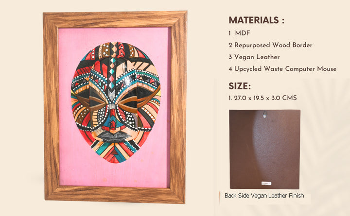 Indha Handpainted Tribal Face Wall Art | Upcycled Mouse &amp; MDF with Repurposed Wood Frame | Sustainable Ethnic Décor with Vegan Leather Back