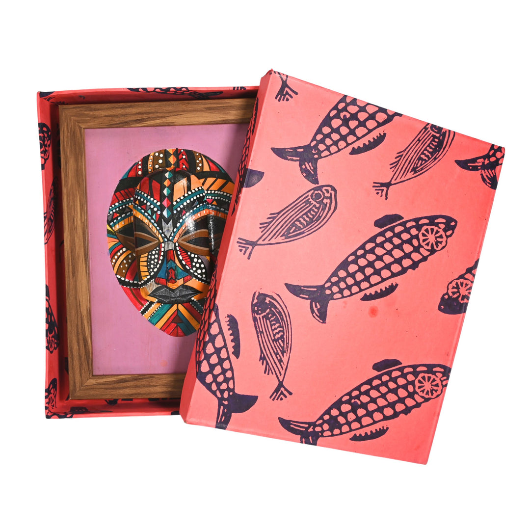 Indha Handpainted Tribal Face Wall Art | Upcycled Mouse &amp; MDF with Repurposed Wood Frame | Sustainable Ethnic Décor with Vegan Leather Back