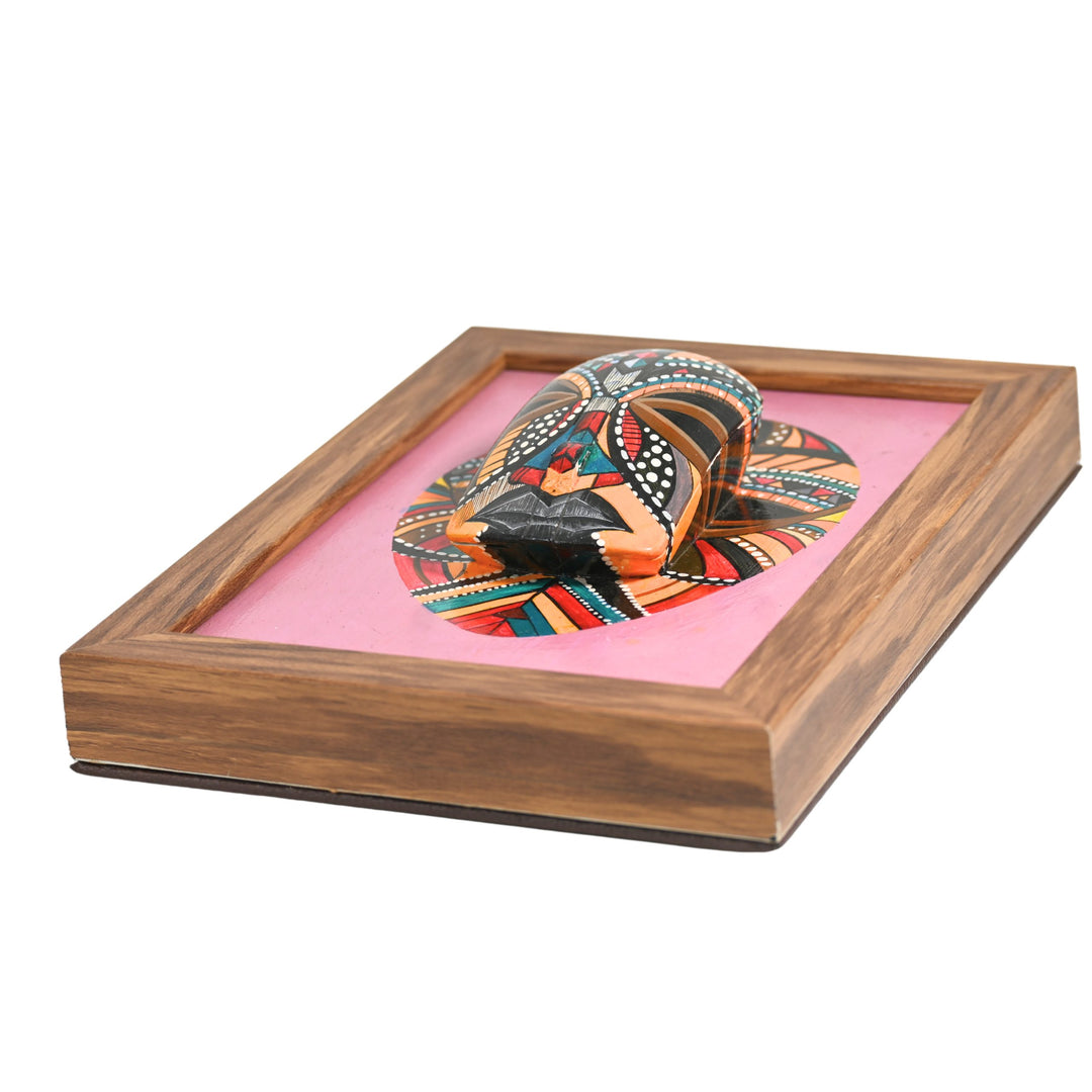 Indha Handpainted Tribal Face Wall Art | Upcycled Mouse &amp; MDF with Repurposed Wood Frame | Sustainable Ethnic Décor with Vegan Leather Back