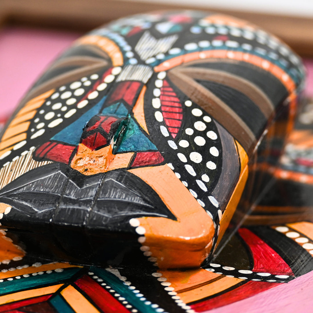 Indha Handpainted Tribal Face Wall Art | Upcycled Mouse &amp; MDF with Repurposed Wood Frame | Sustainable Ethnic Décor with Vegan Leather Back