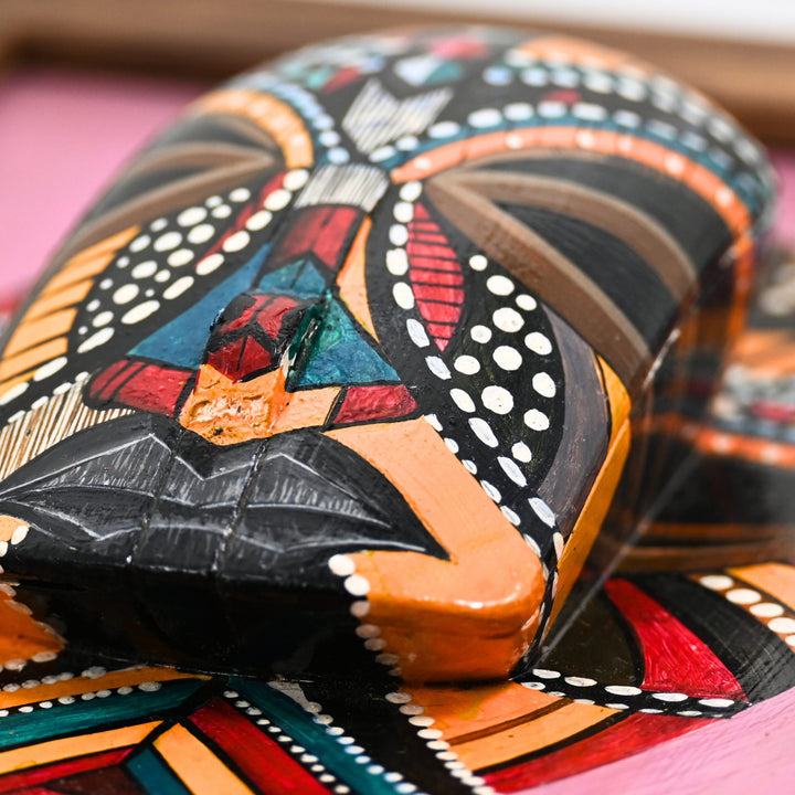 Indha Handpainted Tribal Face Wall Art | Upcycled Mouse &amp; MDF with Repurposed Wood Frame | Sustainable Ethnic Décor with Vegan Leather Back