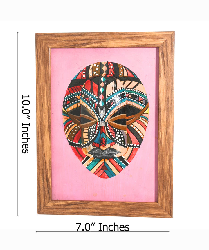 Indha Handpainted Tribal Face Wall Art | Upcycled Mouse &amp; MDF with Repurposed Wood Frame | Sustainable Ethnic Décor with Vegan Leather Back