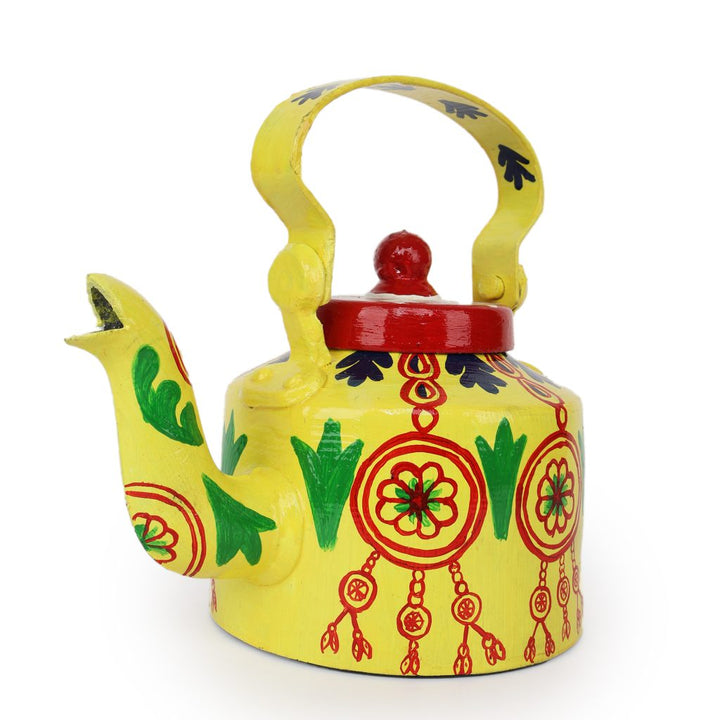 INDHA Yellow Handpainted Aluminium Decorative 	Kettle With Wind Chimes Print | Handpainted Décor | Home Décor | Home Utility | Living Room Décor | Gifting | Décor | Kitchen Utility