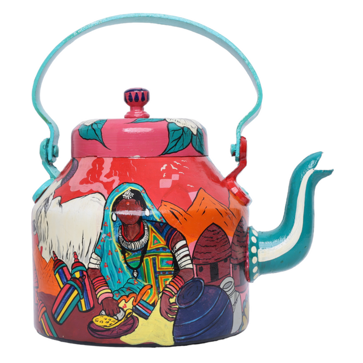 Indha Hand-Painted Aluminium Kettle with Traditional Village Theme Print – Large Decorative Serving Kettle, Perfect for Holiday Entertaining and Elegant Home Decor Gift &amp; Corporate Gifts