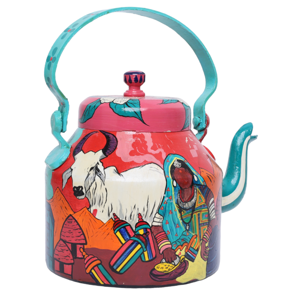 Indha Hand-Painted Aluminium Kettle with Traditional Village Theme Print – Large Decorative Serving Kettle, Perfect for Holiday Entertaining and Elegant Home Decor Gift &amp; Corporate Gifts