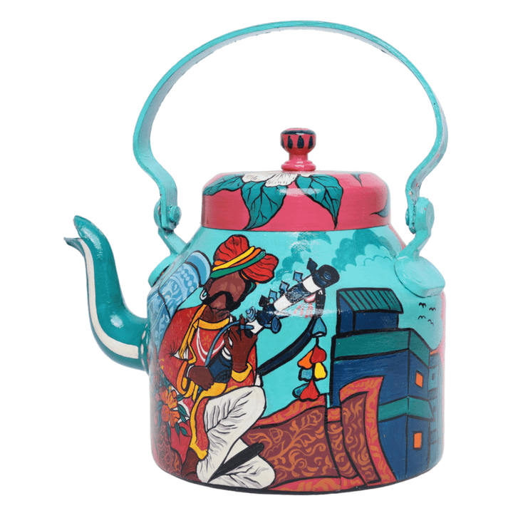 Indha Hand-Painted Aluminium Kettle with Traditional Village Theme Print – Large Decorative Serving Kettle, Perfect for Holiday Entertaining and Elegant Home Decor Gift &amp; Corporate Gifts