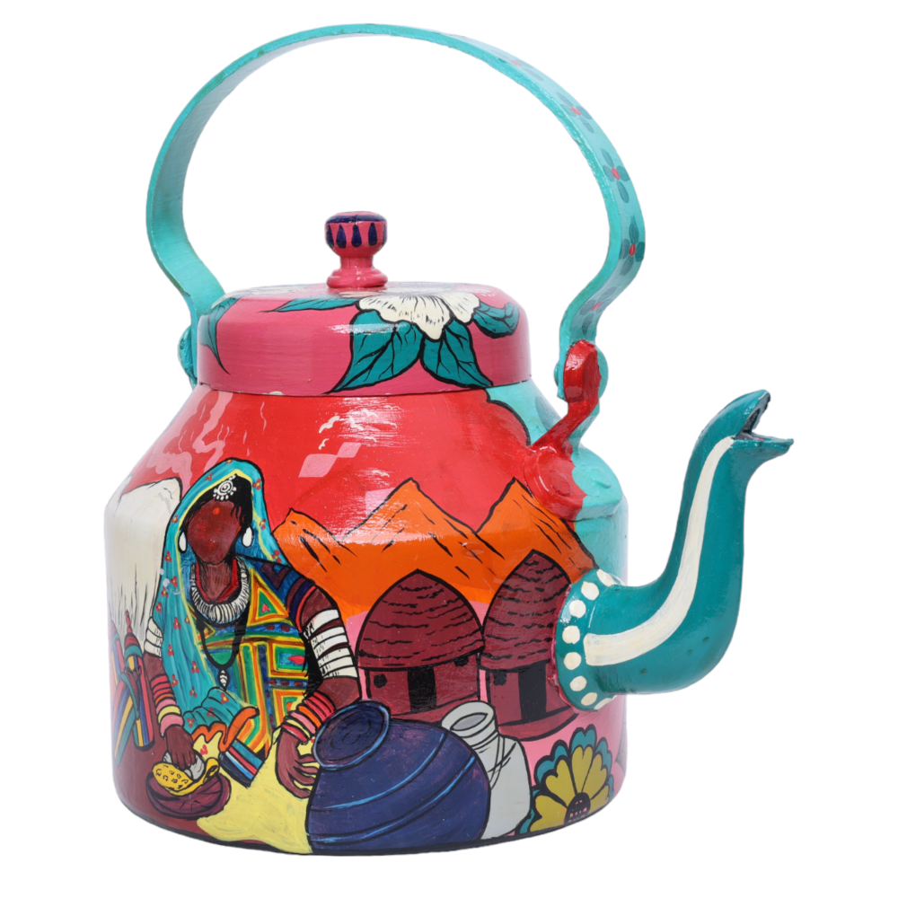 Indha Hand-Painted Aluminium Kettle with Traditional Village Theme Print – Large Decorative Serving Kettle, Perfect for Holiday Entertaining and Elegant Home Decor Gift &amp; Corporate Gifts