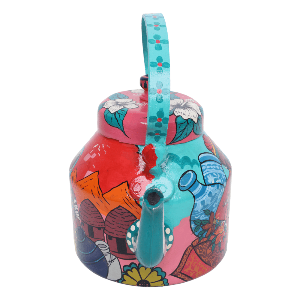 Indha Hand-Painted Aluminium Kettle with Traditional Village Theme Print – Large Decorative Serving Kettle, Perfect for Holiday Entertaining and Elegant Home Decor Gift &amp; Corporate Gifts