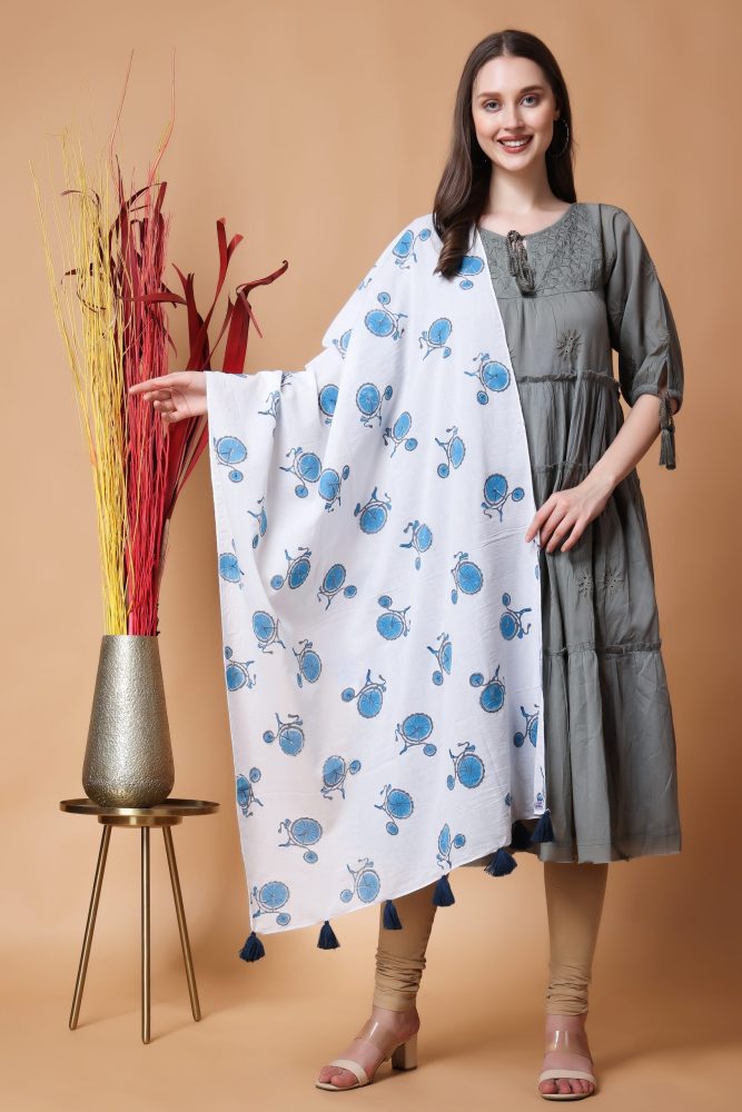 INDHA Stole | White Cotton Stole | Hand Block Printed Blue Cycle Design Motif | Hand Block Printed Stole | Stoles For Women | Traditional Stoles | Gifting | Fashion Wear | Indo Western Stole | Fashion Accessory