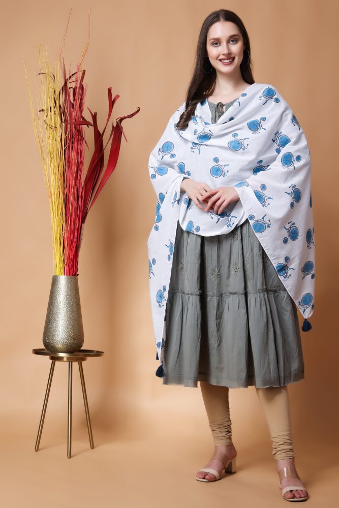 INDHA Stole | White Cotton Stole | Hand Block Printed Blue Cycle Design Motif | Hand Block Printed Stole | Stoles For Women | Traditional Stoles | Gifting | Fashion Wear | Indo Western Stole | Fashion Accessory