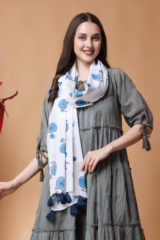 INDHA Stole | White Cotton Stole | Hand Block Printed Blue Cycle Design Motif | Hand Block Printed Stole | Stoles For Women | Traditional Stoles | Gifting | Fashion Wear | Indo Western Stole | Fashion Accessory