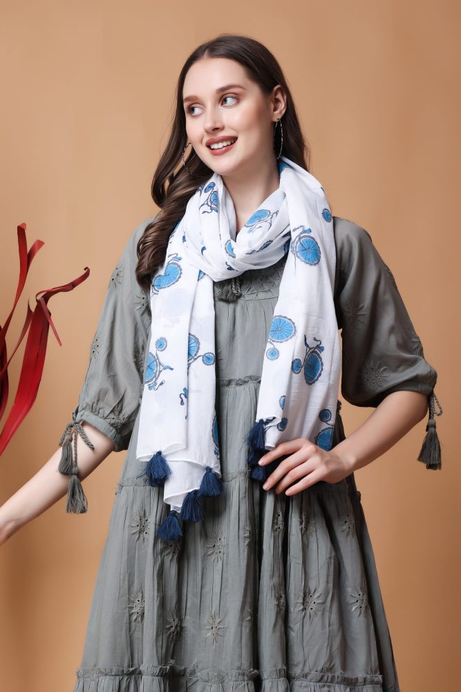 INDHA Stole | White Cotton Stole | Hand Block Printed Blue Cycle Design Motif | Hand Block Printed Stole | Stoles For Women | Traditional Stoles | Gifting | Fashion Wear | Indo Western Stole | Fashion Accessory
