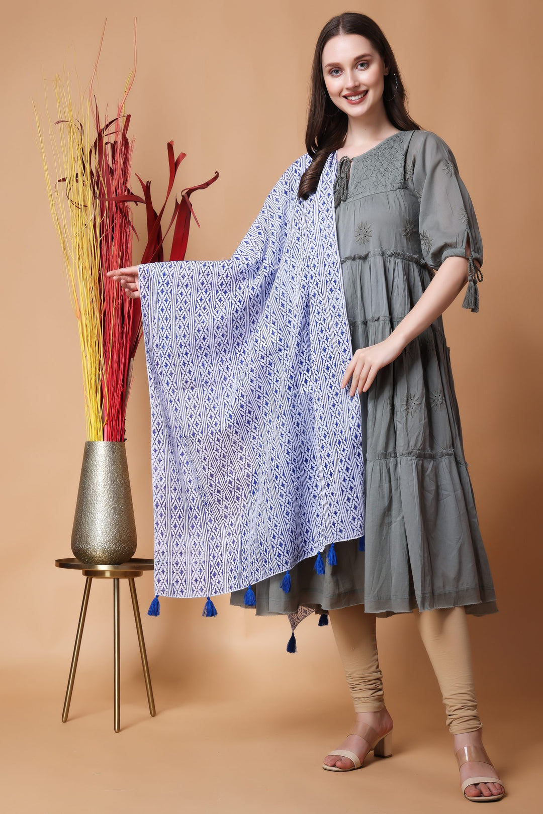 INDHA Stole | White Cotton Stole | Hand Block-Printed Blue Geometric Design Pattern | Hand Block Printed Stole | Stoles For Women | Traditional Stoles | Gifting | Fashion Wear | Indo Western Stole | Fashion Accessory