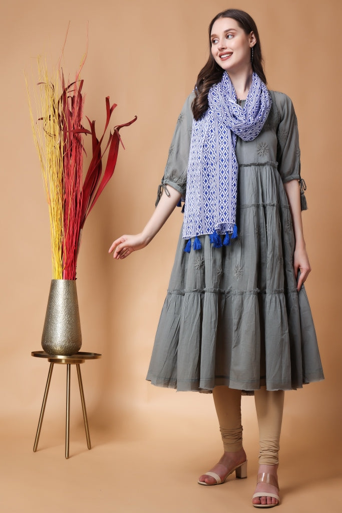 INDHA Stole | White Cotton Stole | Hand Block-Printed Blue Geometric Design Pattern | Hand Block Printed Stole | Stoles For Women | Traditional Stoles | Gifting | Fashion Wear | Indo Western Stole | Fashion Accessory