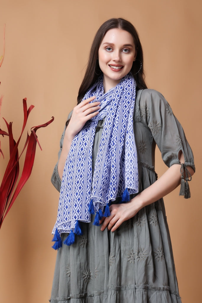 INDHA Stole | White Cotton Stole | Hand Block-Printed Blue Geometric Design Pattern | Hand Block Printed Stole | Stoles For Women | Traditional Stoles | Gifting | Fashion Wear | Indo Western Stole | Fashion Accessory