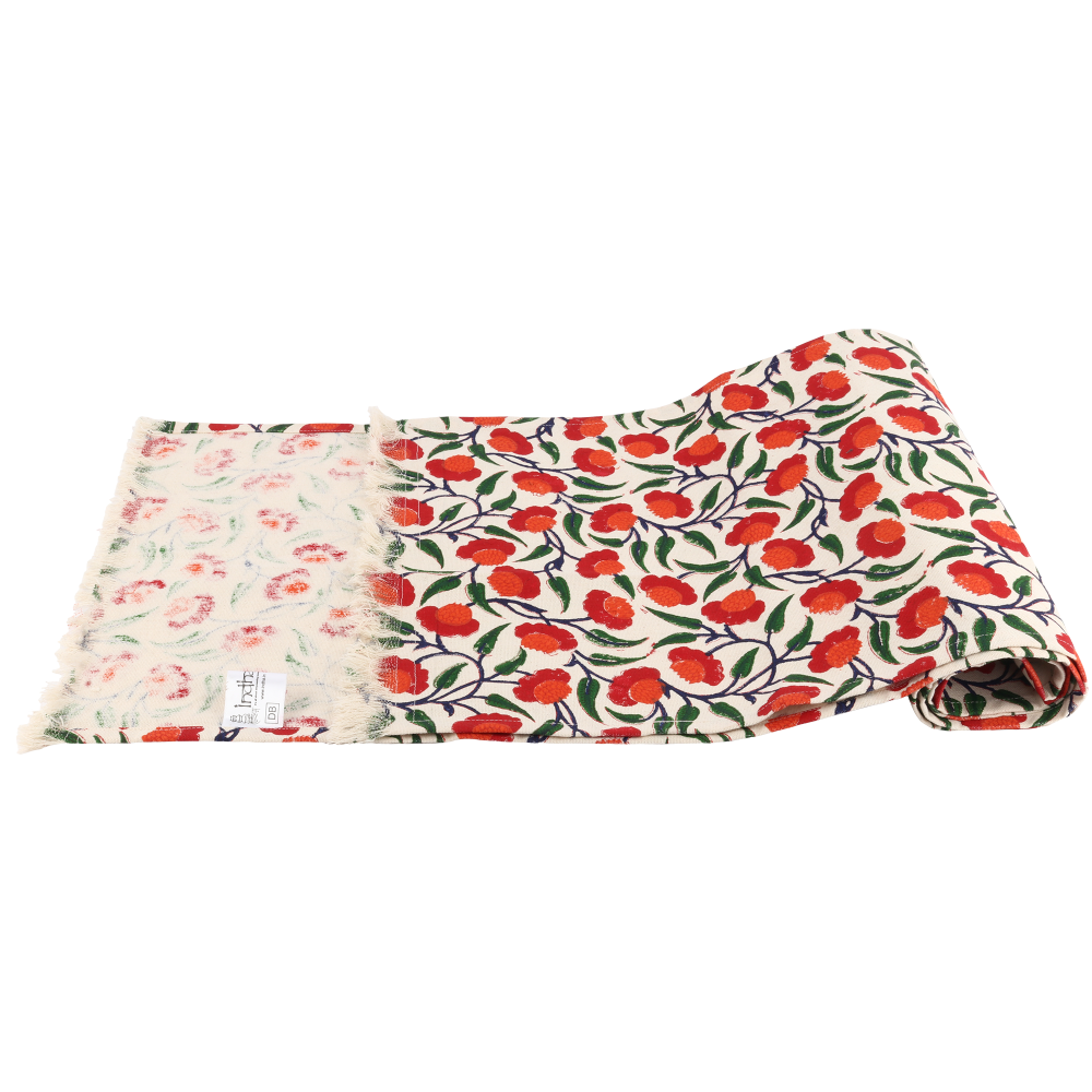 Indha Table Mats And Runner Set | Hand Block-Printed Red And Orange Floral Design Motif Cotton Canvas Set 0f 6 Table Mats And 1 Runner |