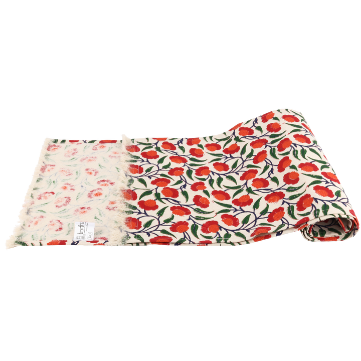 Indha Table Mats And Runner Set | Hand Block-Printed Red And Orange Floral Design Motif Cotton Canvas Set 0f 6 Table Mats And 1 Runner |