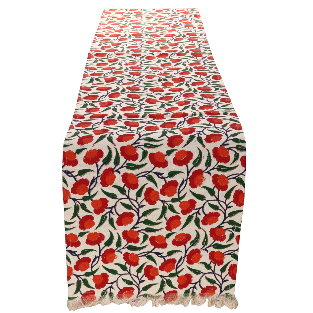 Indha Table Mats And Runner Set | Hand Block-Printed Red And Orange Floral Design Motif Cotton Canvas Set 0f 6 Table Mats And 1 Runner |