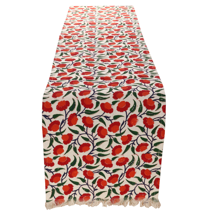 Indha Table Mats And Runner Set | Hand Block-Printed Red And Orange Floral Design Motif Cotton Canvas Set 0f 6 Table Mats And 1 Runner |