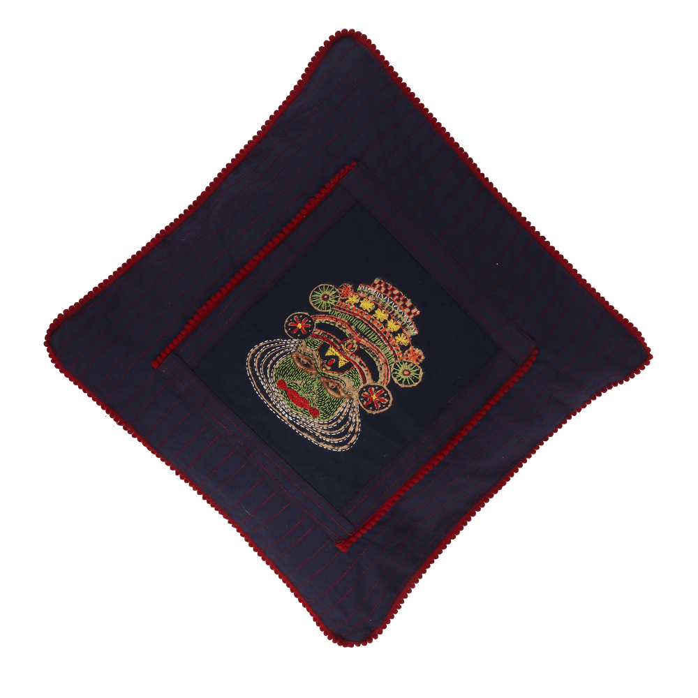 Kathakali Dancer Face Hand Embroidered Blue &amp; Red Throw Dupion Silk Cushion Cover Set (Set of 2) Home Décor | Home Furnishing | Throw Cushion Covers | Corporate Gifting | Hand Embroidered Cushion Cover