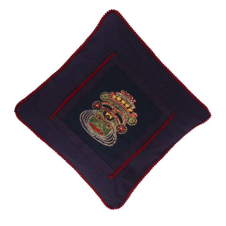 Kathakali Dancer Face Hand Embroidered Blue &amp; Red Throw Dupion Silk Cushion Cover Set (Set of 2) Home Décor | Home Furnishing | Throw Cushion Covers | Corporate Gifting | Hand Embroidered Cushion Cover