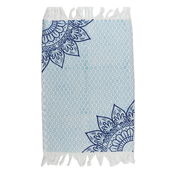 Indha Table Mat &amp; Runner Set | Hand Block-Printed Blue Flower Mandala Design Pattern Cotton Table Mats And Runner Set | Set 0f 6 Table Mats And 1 Runner