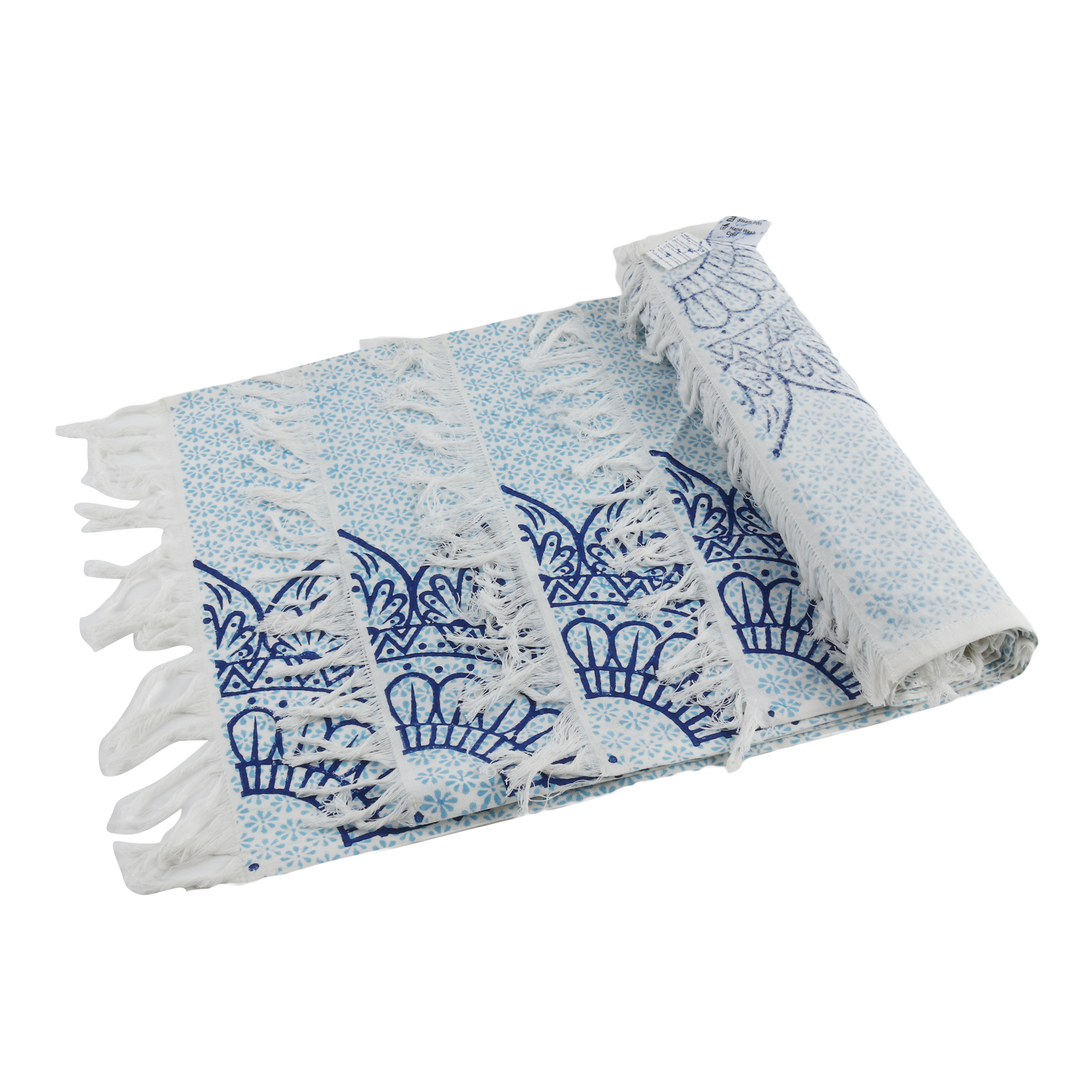 Indha Table Mat &amp; Runner Set | Hand Block-Printed Blue Flower Mandala Design Pattern Cotton Table Mats And Runner Set | Set 0f 6 Table Mats And 1 Runner