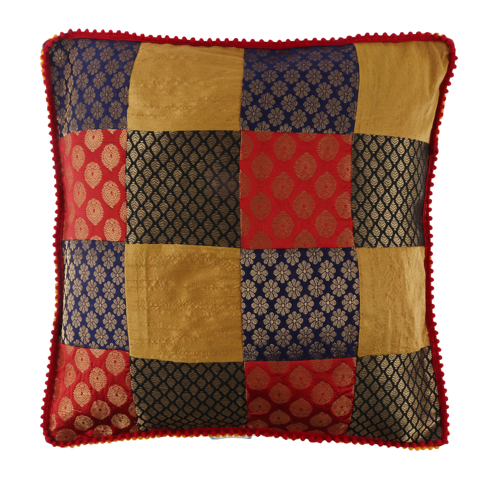 Indha Cushion Cover Brocade Patchwork | 16X16 Inches Cushion Cover | Home Furnishing | Home Decor | Throw Cushion Cover Set | Corporate Gifting | Set of 2 Cushion Covers