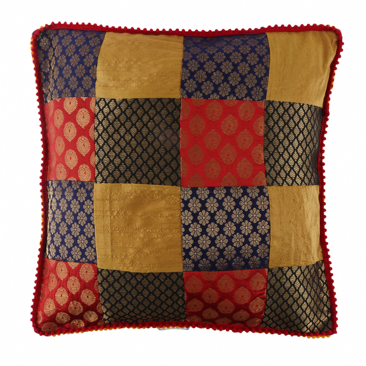 Indha Cushion Cover Brocade Patchwork | 16X16 Inches Cushion Cover | Home Furnishing | Home Decor | Throw Cushion Cover Set | Corporate Gifting | Set of 2 Cushion Covers