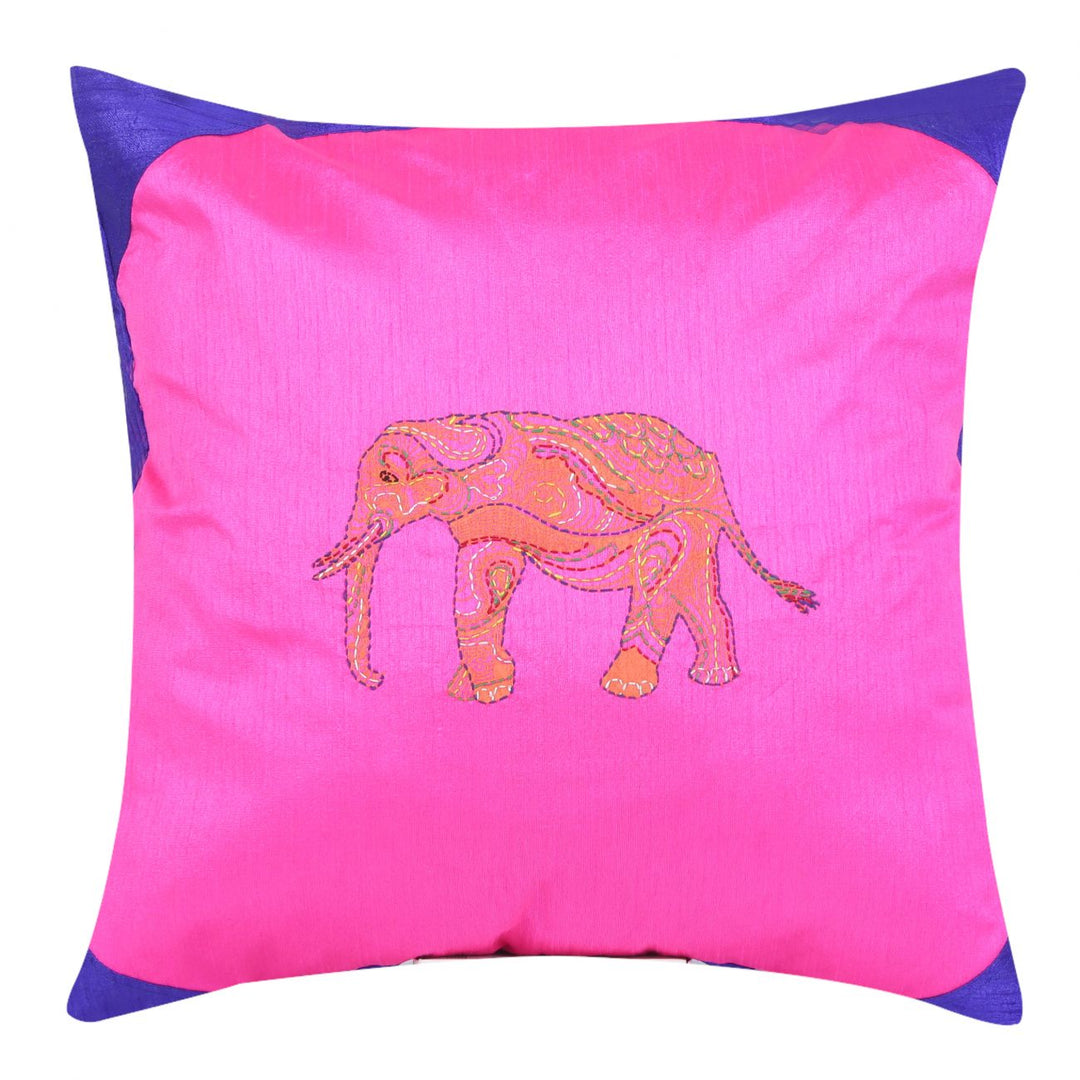 Indha Hand Embroidered Cushion Cover Elephant Embroidery | 16.0 X 16.0 Inch Cushion Cover | Set of 2 Silk Cushion Cover | Corporate Gifting | Home Furnishing | Home Décor