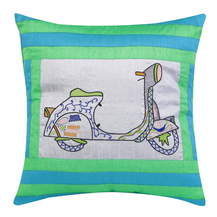 Indha Embroidered Cushion Cover - Unique Sea Green &amp; Blue Design with Lambretta Scooter | 16.0 X 16.0 Inch Cushion Cover Set of 2 | Corporate Gifting | Home Decor | Throw cushion cover | Home Furnishing