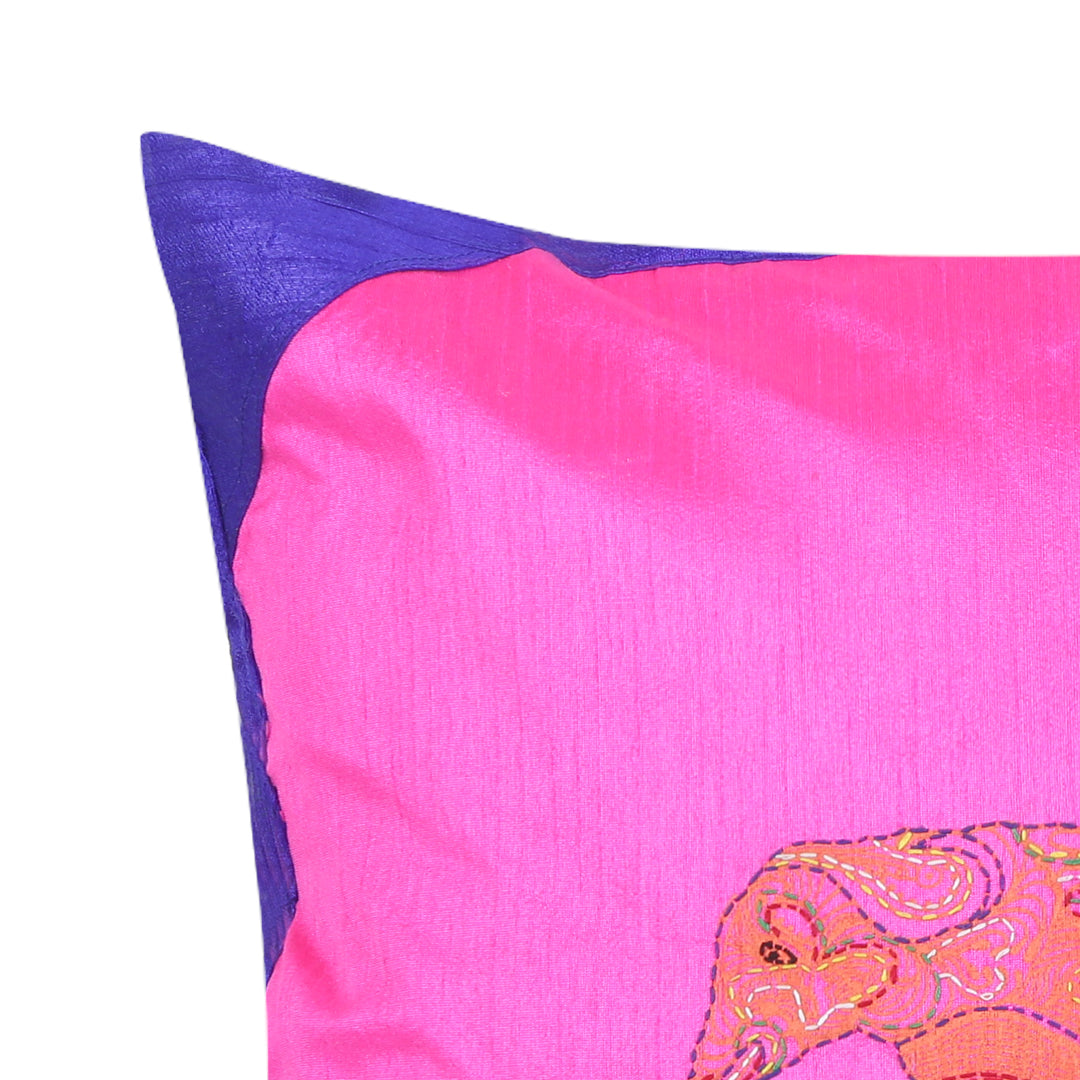 Indha Hand Embroidered Cushion Cover Elephant Embroidery | 16.0 X 16.0 Inch Cushion Cover | Set of 2 Silk Cushion Cover | Corporate Gifting | Home Furnishing | Home Décor