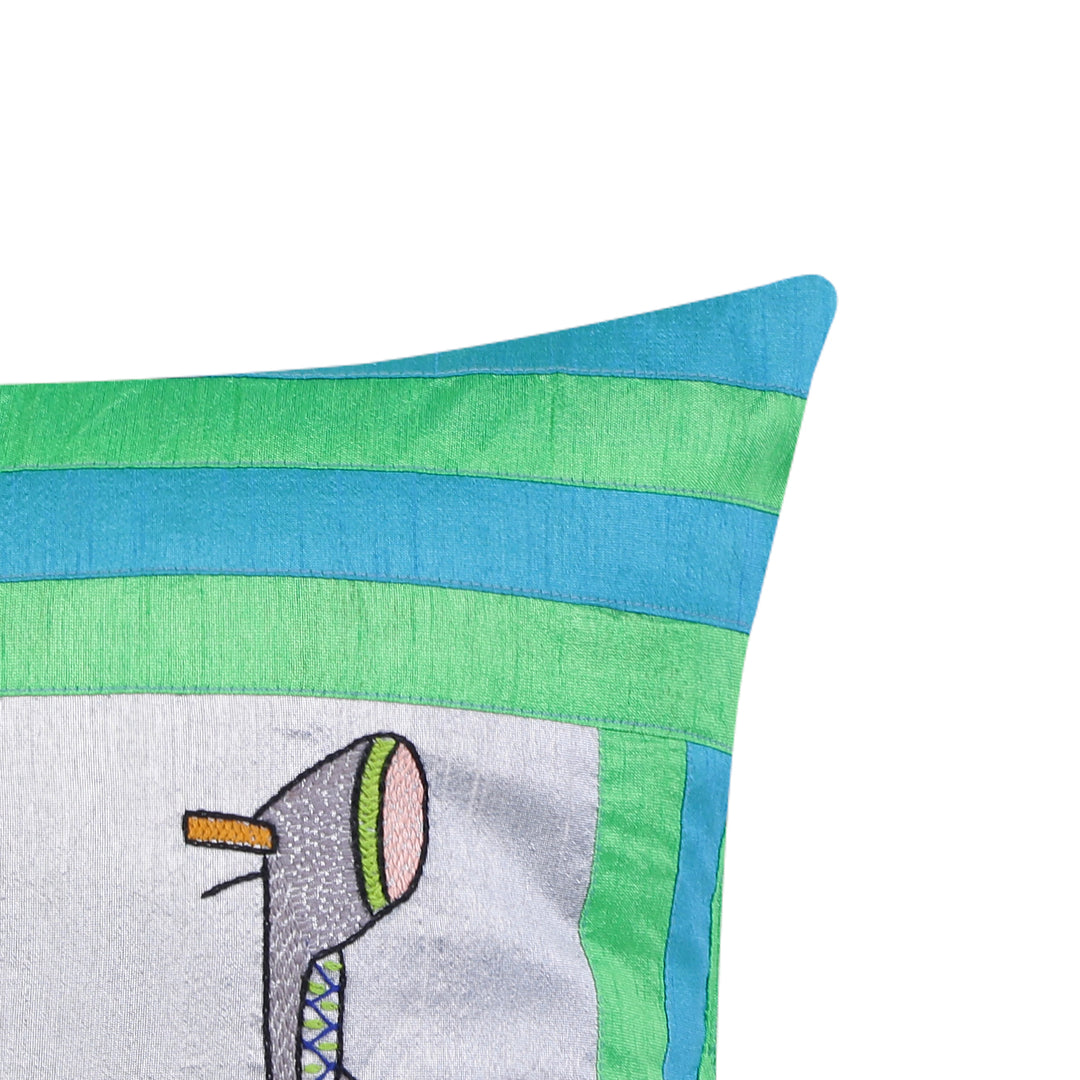 Indha Embroidered Cushion Cover - Unique Sea Green &amp; Blue Design with Lambretta Scooter | 16.0 X 16.0 Inch Cushion Cover Set of 2 | Corporate Gifting | Home Decor | Throw cushion cover | Home Furnishing