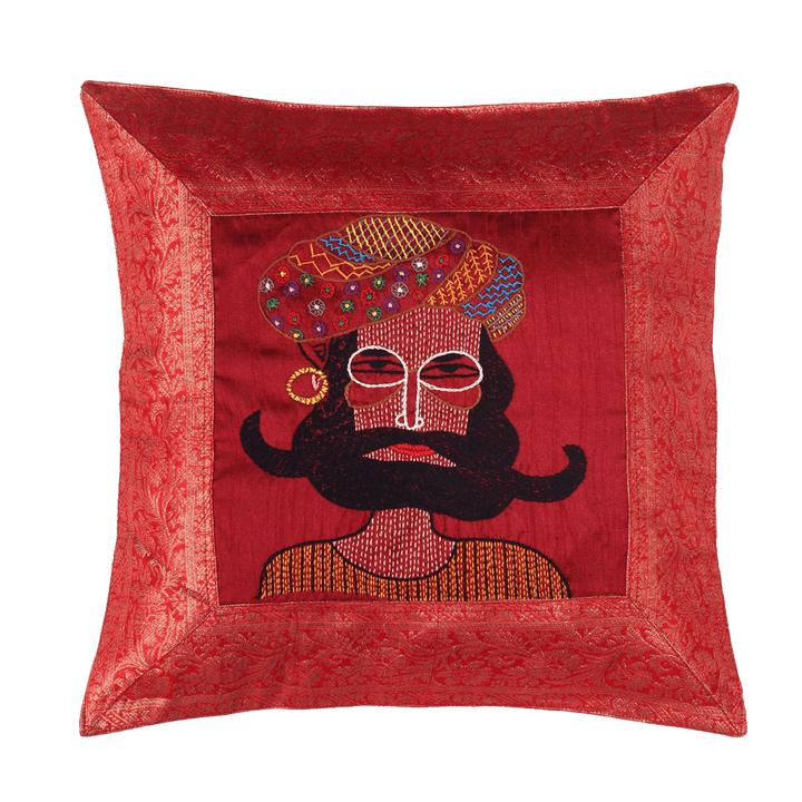Indha Hand Embroidered Cushion Cover Rajasthani-Man Embroidery | 16X16 Cushion Cover Zari Border | Home Furnishing | Corporate Gifting | Brocade Cushion Cover Set of 2