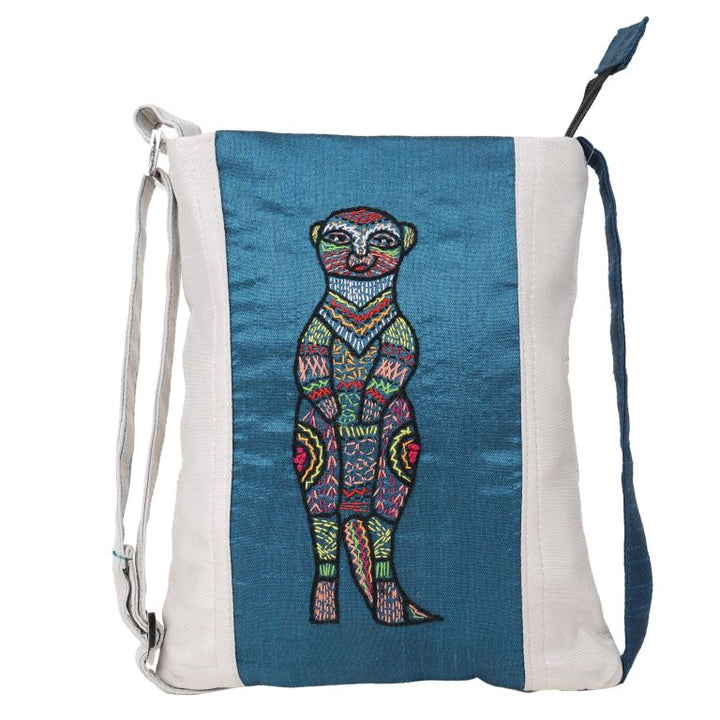 INDHA Sling Bag| Handcrafted Embroidered Sling Bag| White And Teal Blue Dupion Silk Sling Bag| Hand Embroidered Chain Stitch And Kantha Work Multicolor Kangaroo Design | Travel Utility | Cross Body Bag |