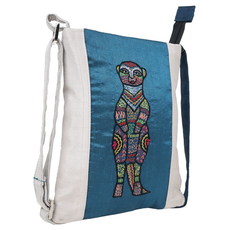 INDHA Sling Bag| Handcrafted Embroidered Sling Bag| White And Teal Blue Dupion Silk Sling Bag| Hand Embroidered Chain Stitch And Kantha Work Multicolor Kangaroo Design | Travel Utility | Cross Body Bag |