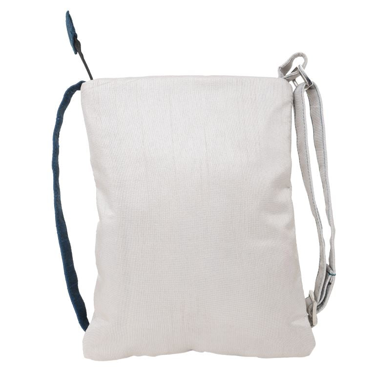 INDHA Sling Bag| Handcrafted Embroidered Sling Bag| White And Teal Blue Dupion Silk Sling Bag| Hand Embroidered Chain Stitch And Kantha Work Multicolor Kangaroo Design | Travel Utility | Cross Body Bag |