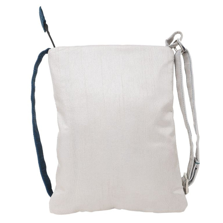 INDHA Sling Bag| Handcrafted Embroidered Sling Bag| White And Teal Blue Dupion Silk Sling Bag| Hand Embroidered Chain Stitch And Kantha Work Multicolor Kangaroo Design | Travel Utility | Cross Body Bag |