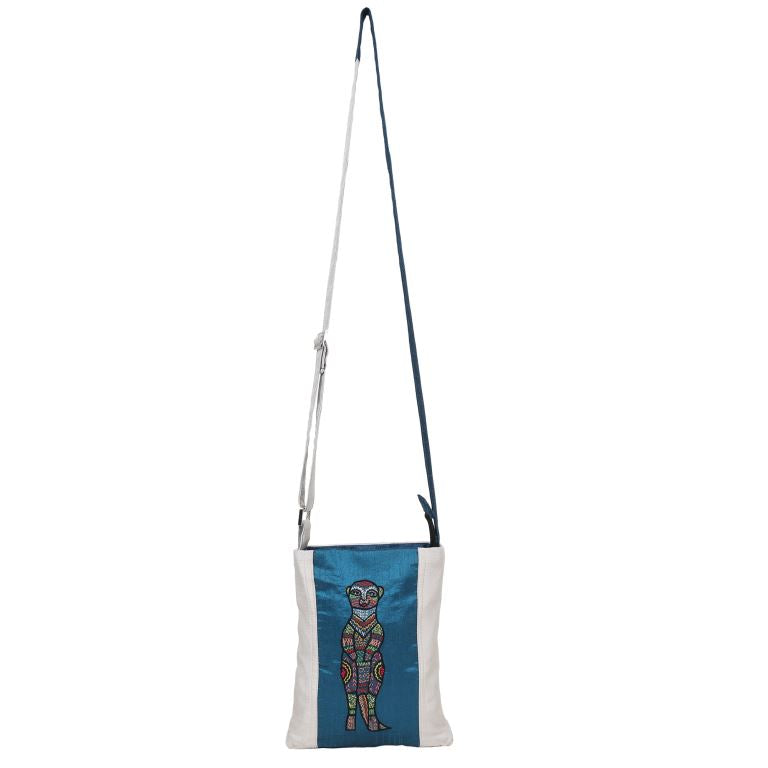 INDHA Sling Bag| Handcrafted Embroidered Sling Bag| White And Teal Blue Dupion Silk Sling Bag| Hand Embroidered Chain Stitch And Kantha Work Multicolor Kangaroo Design | Travel Utility | Cross Body Bag |