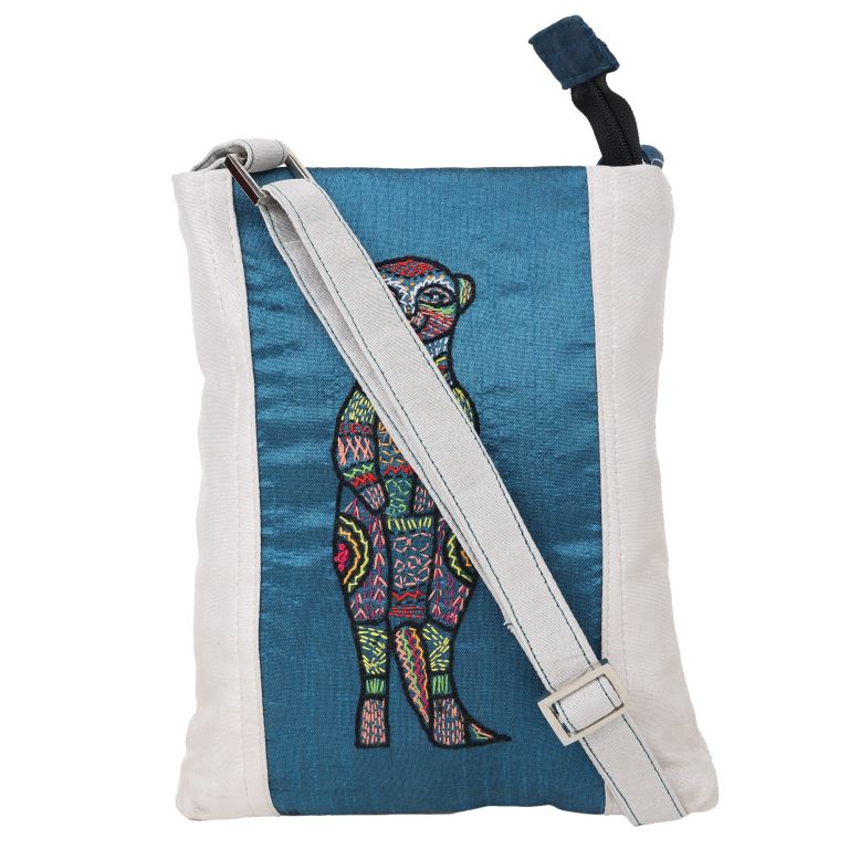 INDHA Sling Bag| Handcrafted Embroidered Sling Bag| White And Teal Blue Dupion Silk Sling Bag| Hand Embroidered Chain Stitch And Kantha Work Multicolor Kangaroo Design | Travel Utility | Cross Body Bag |