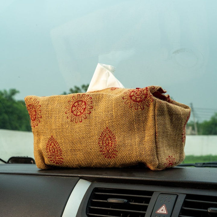 INDHA Hand Block-Print Jute Tissue Box Cover