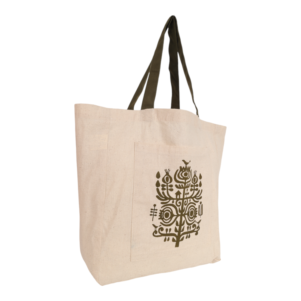Indha Block-Printed Plant Motif Cotton Tote Bag: Nature-Inspired Art for Everyday Use