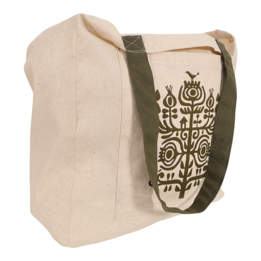Indha Block-Printed Plant Motif Cotton Tote Bag: Nature-Inspired Art for Everyday Use