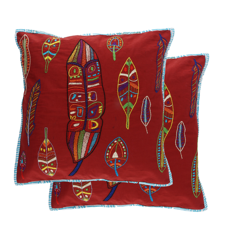 Indha Embroidered Cushion Cover Feather Embroidery Red | 16X16 Inches Cushion Cover | Red Cushion Cover | Home Decor | Throw Cushion Cover Set | Home Furnishing | Corporate Gifting
