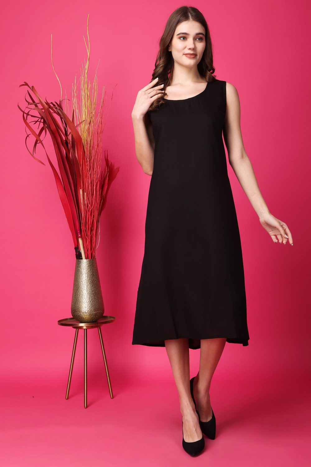 Indha Women Solid Flared Black Dress  | Long Dress | Cotton Dress -XL
