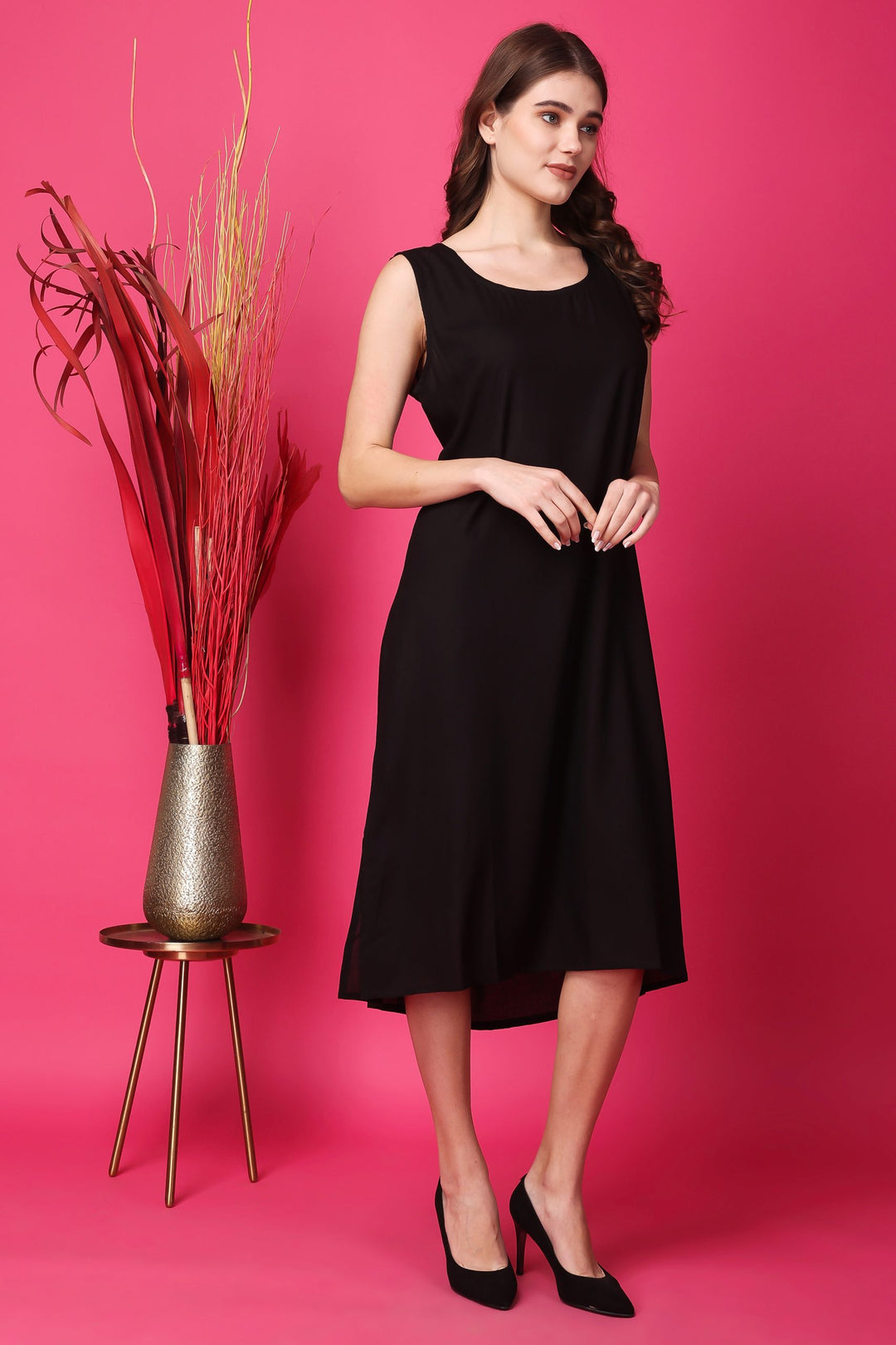 Indha Women Solid Flared Black Dress  | Long Dress | Cotton Dress -XL