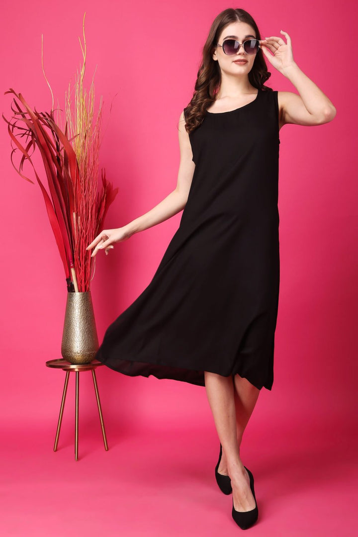 Indha Women Solid Flared Black Dress  | Long Dress | Cotton Dress -XL
