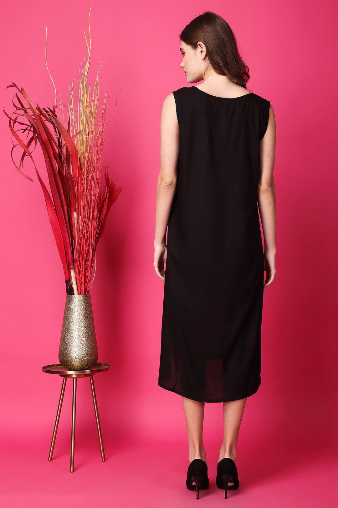 Indha Women Solid Flared Black Dress  | Long Dress | Cotton Dress -XL