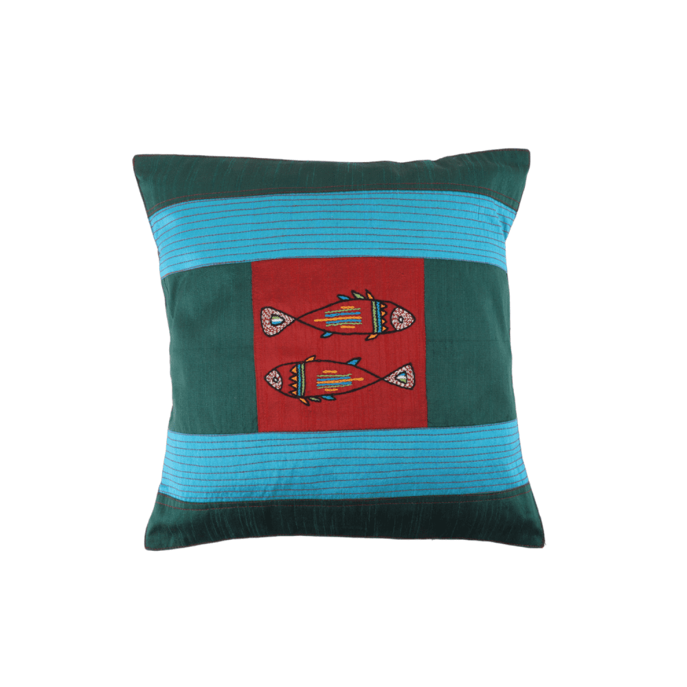 Indha Hand Embroidered Cushion Cover Fishes-Embroidery | Dupion Silk Cushion Cover |  Corporate Gifting | Home Furnishing | Home Improvement | Home Decor | Set of 2,16x16 Inches Cushion Cover